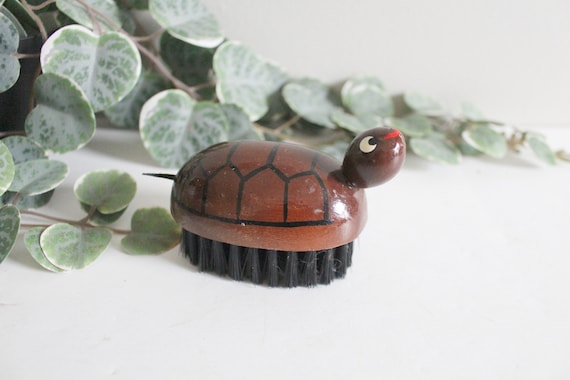 Vintage Wooden Turtle Brush Hand Held Detailed Adorable Kitschy Folktale  Turtle Character Hand Brush Mid Century Kid's Brush 