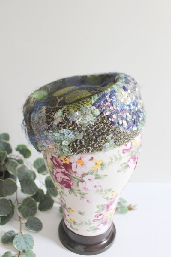 Vintage 1950's Pill Box Hat | Green, Purple, and B
