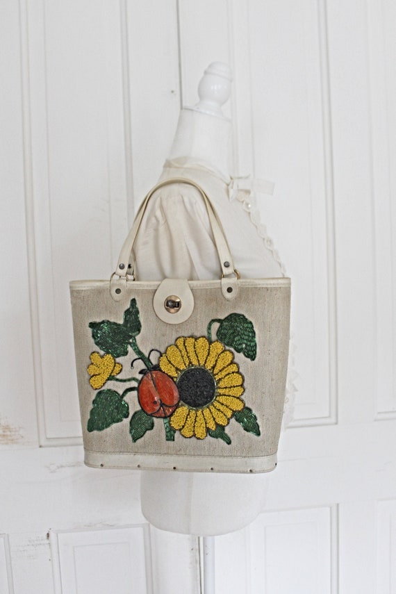 Vintage Beaded Canvas Purse | Yellow Sunflower & L