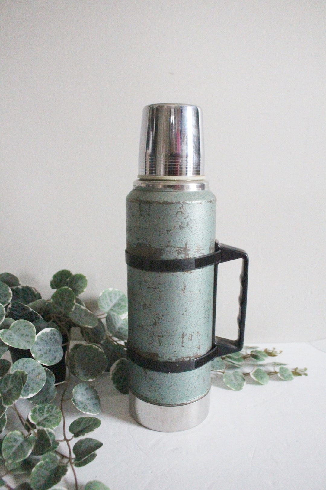 Vintage Stanley Thermos Blue Original Heavy Duty Lidded Alladin Stanley Stainless Cup W/ Plastic