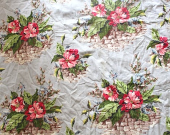 Vintage 1940's Bark Cloth Curtain Material - Curtain Bark Cloth Fabric Remnant - Fabric Scraps Hampton Gardens Pattern - Floral Flower Stone