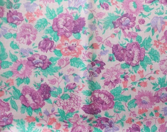 Vintage Floral Material / Fabric Remnant - Purple Pink Green & White Flower Fabric Piece - 1.8 yds - Retro Floral Pretty Dainty Sewing Craft