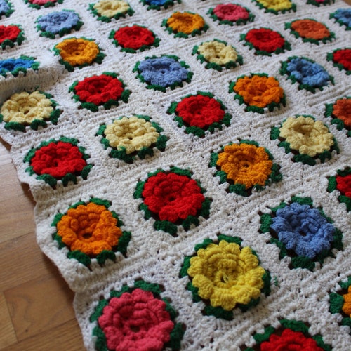 Vintage Crochet Blanket | Colorful Flower Handmade Crochet Throw | Pink Blue retailer Green Decorative Spring