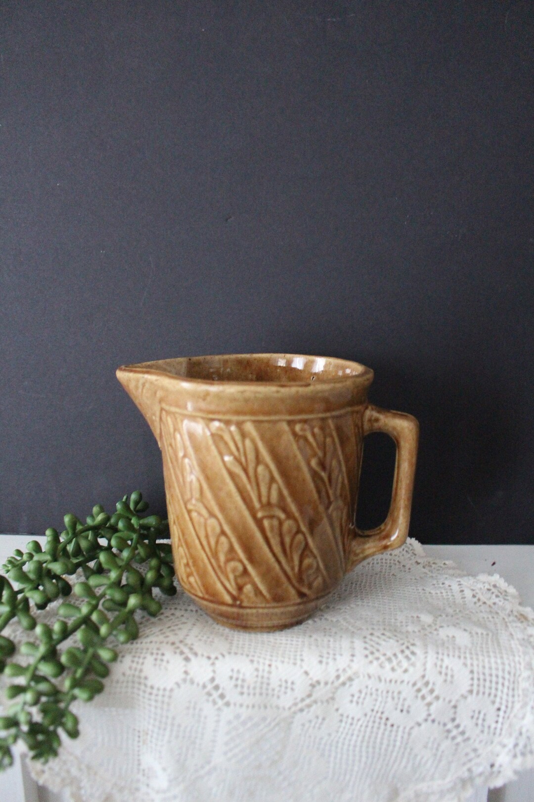 Vintage USA Pottery Pitcher Brown Handed Embossed Ornate Decorative Pitcher Spiral Ceramic Retro