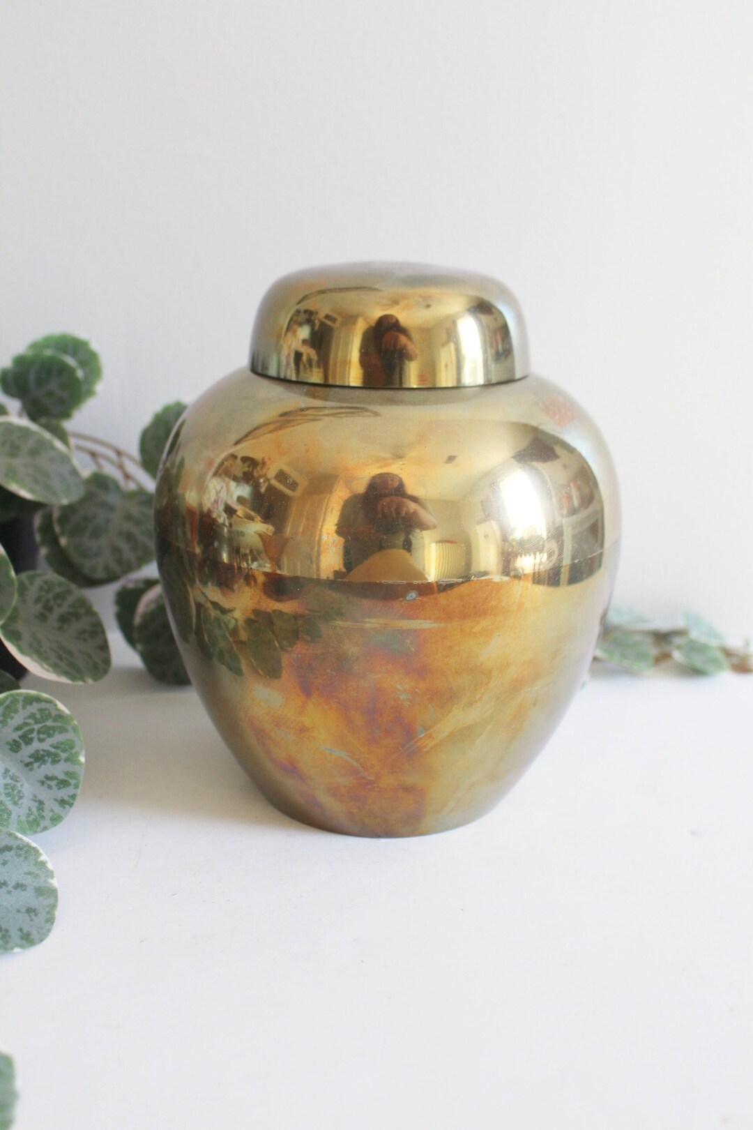 Vintage Large Brass Urn Round Shaped Gold Metal Lidded Vase / Storage
