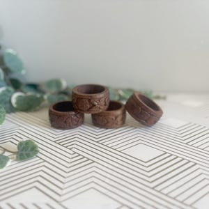 Vintage Wooden Napkin Rings | Set of 4 | Carved Round Wood Table Decor