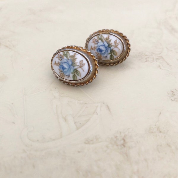 1960s Clip-On Earrings - Blue & Green Rose Floral Earrings - Flower Earrings - Oval Shaped Costume Dainty Pretty Earrings - Gold Backing