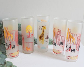 Vintage Circus Glasses | Set of 5 | Frosted Tall Circus Animal Scene Tumblers