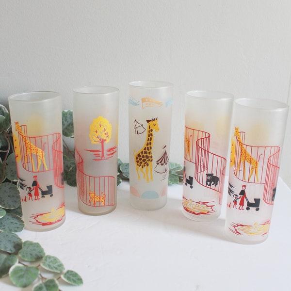 Vintage Circus Glasses | Set of 5 | Frosted Tall Circus Animal Scene Tumblers
