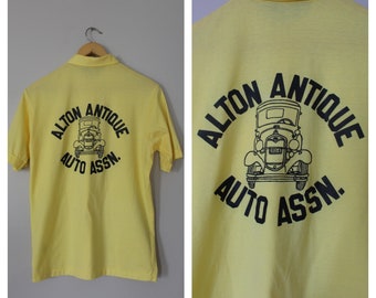 Vintage 1970's Yellow Cotton Polo - Alton Antique Auto Owners Assn. Member T-Shirt - Unisex Collared Shirt - Rockabilly Antique Car Top