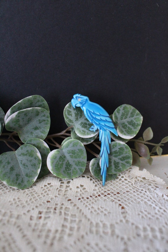 Vintage Celluloid Parrot Brooch | Blue Carved Exot