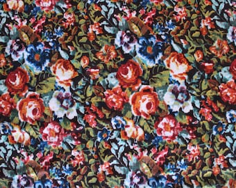 Vintage 1970's Floral Fabric / Material Remnant - Busy Colorful Flower Print - Sewing Craft Retro Flower Power Textured - Pink Blue Green