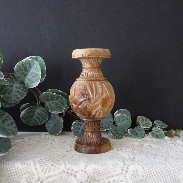 Vintage Wooden Vase | Small Carved Wood Decorative Bud Vase | Flower Holder