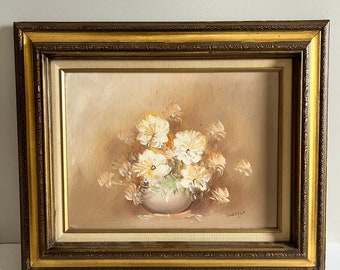 Pintura al óleo vintage / Obra de arte floral original / Decoración de pared de arreglo floral con marco pálido Colgante