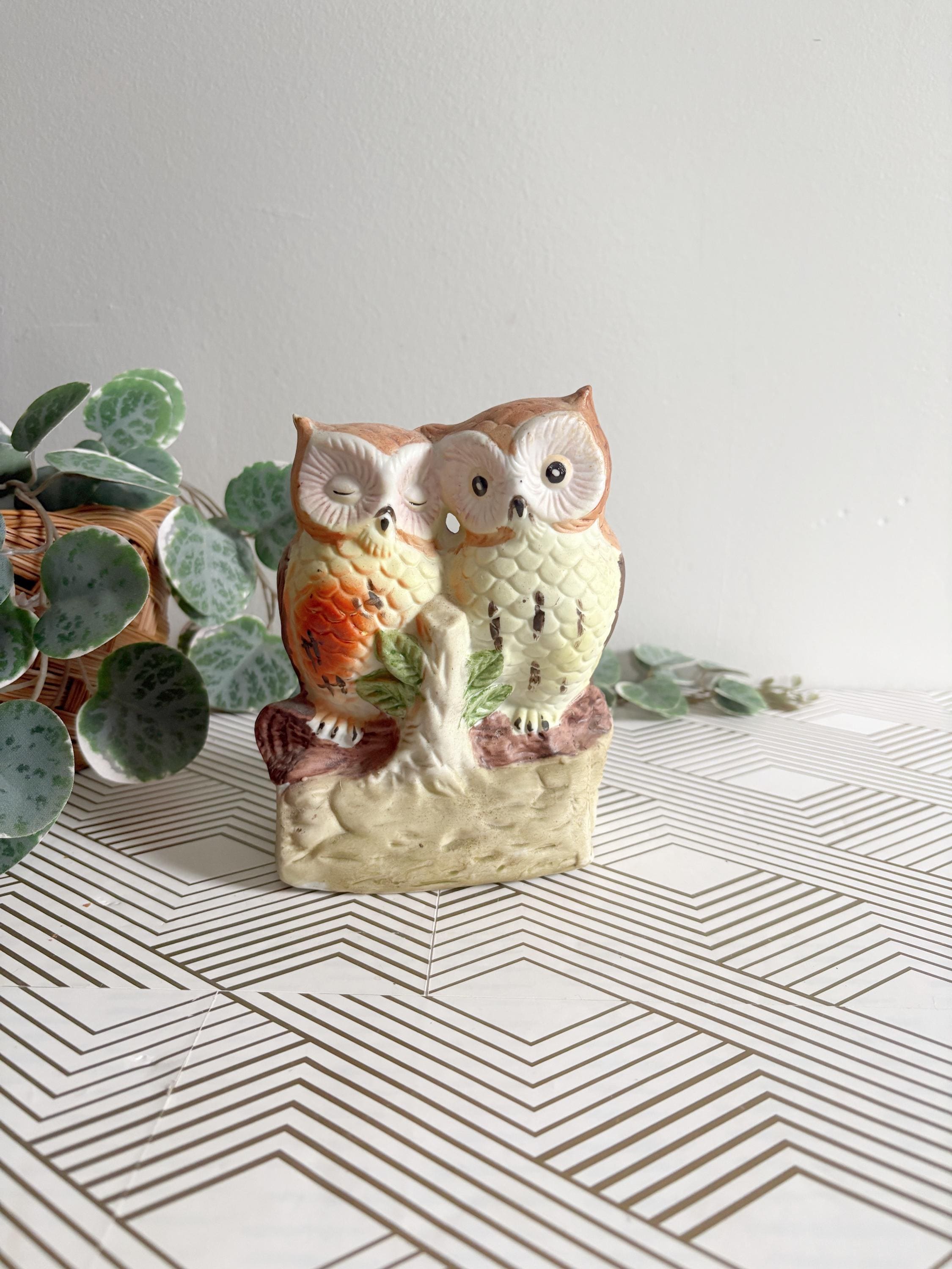 Vintage Owl Lamp Figurine | Porcelain Pair of Owls Love Birds Night Light