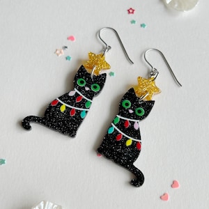 Acrylic Christmas Cat Earrings - Holiday Earrings - Holiday Gift