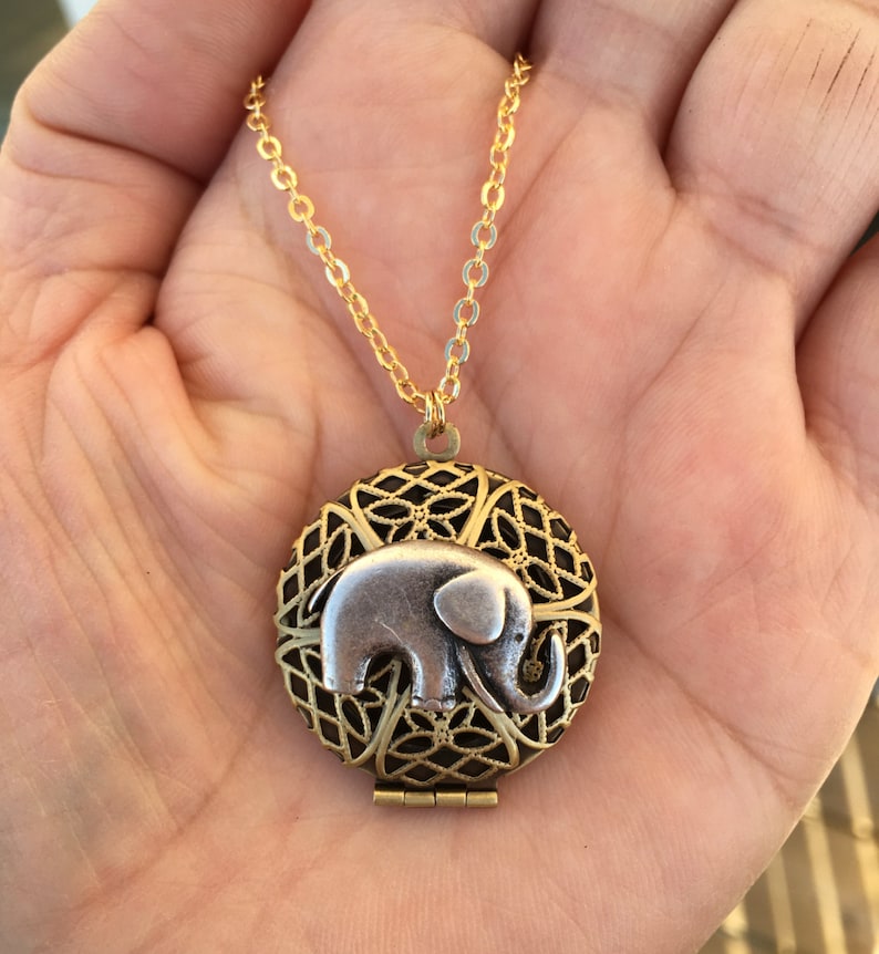 Antique Gold Elephant Locket Necklace.