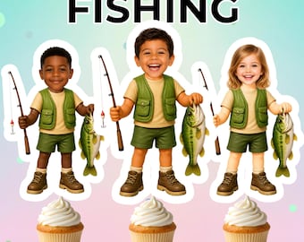 Fishing Birthday Face Cupcake Toppers Personalized Gone Fishing Party Decorations Little Fisherman Birthday Cake Picks Bass Fishing Theme