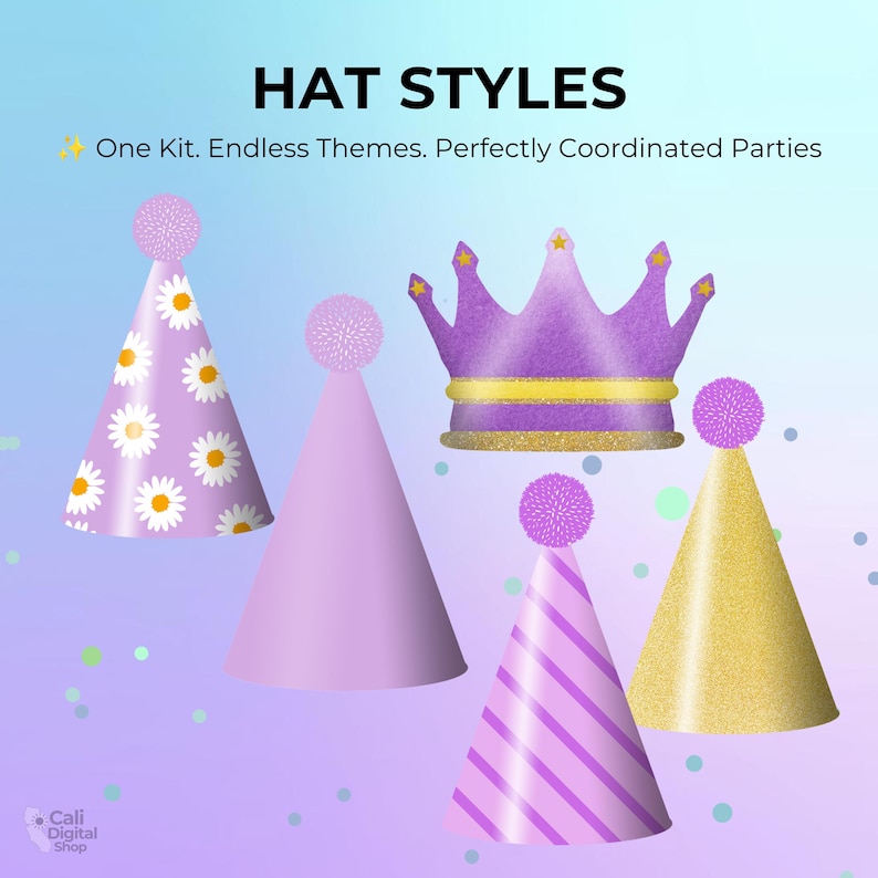 May include: A collection of party hats including a daisy-patterned cone, a solid light purple cone, a purple crown with gold bands, a purple striped cone, and a gold glitter cone. Each cone hat features a purple pom-pom topper. Text reads HAT STYLES.