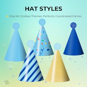 May include: Five cone-shaped party hats with pom-poms on top, featuring solid light blue, confetti print, dark blue, blue striped, and gold glitter designs. Text reads HAT STYLES and One Kit. Endless Themes. Perfectly Coordinated Parties.