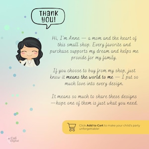 May include: A digital graphic with a pastel gradient background featuring a cartoon character with black hair and a speech bubble that says Thank you!. The text reads: Hi, I'm Anne &mdash; a mom and the heart of this small shop. Click Add to Cart.
