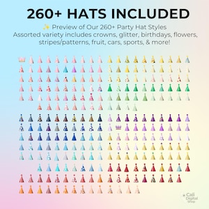 May include: A digital collection of 260+ party hats featuring diverse colors and patterns including crowns, glitter, birthday themes, flowers, stripes, fruit, cars, and sports. The text reads 260+ HATS INCLUDED, Preview of Our 260+ Party Hat Styles.