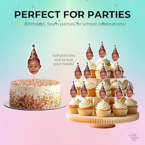 May include: A round cake covered in colorful sprinkles and a tiered stand of cupcakes, each topped with a paper cutout of a child's face wearing a blue and orange basketball-patterned party hat. Text reads: PERFECT FOR PARTIES, Birthdays, team parties, or school celebrations! Self print the size to suit your needs!