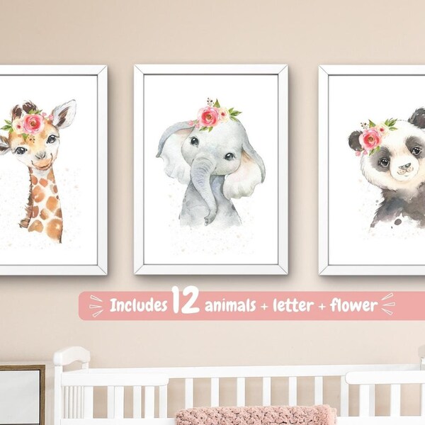 Girl Safari Nursery, Nursery Decor, Baby Girl Nursery Art, Floral Safari Animals, Nursery Art Prints, Baby Girl Nursery Decor