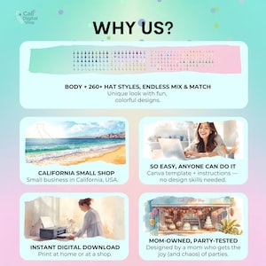 May include: A digital product information graphic titled WHY US? featuring a grid of 260+ party hat styles, a California beach illustration, a person using a laptop, a person using a printer, and a bakery storefront with the text Cali Digital Shop.