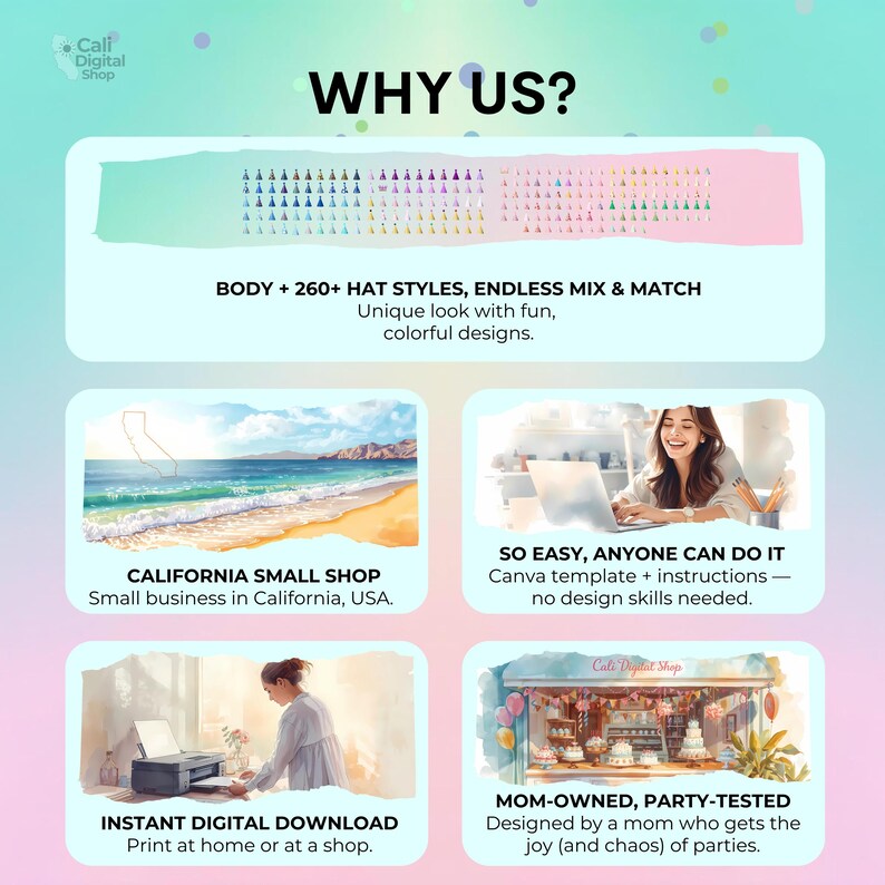 May include: A digital product information graphic titled WHY US? featuring a grid of 260+ party hat styles, a California beach illustration, a person using a laptop, a person using a printer, and a bakery storefront with the text Cali Digital Shop.