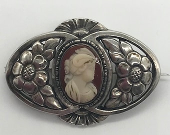 Vintage Shell Cameo & Floral Design Silver Brooch Pin, Vintage Silver Jewelry, Antique Silver Jewelry, Victorian Jewelry