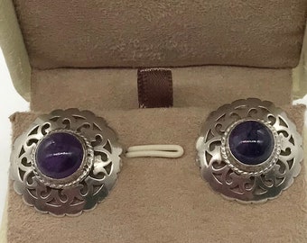 Vintage Floral Design Silver Earrings with Amethyst, Vintage Jewelry, Silver Earrings, Amethyst Silver Earrings, Vintage Gemstone Silver