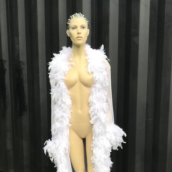 Long White Sheer with Feather Trim and Cuffs Glamour Robe, Burlesque Costume, Burlesque Outfit, Burlesque Lingerie, Robes for Women