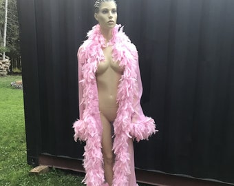 Long Light Pink Sheer with Feather Trim and Cuffs Glamour Robe, Burlesque Costume, Burlesque Outfit, Burlesque Lingerie, Robes for Women