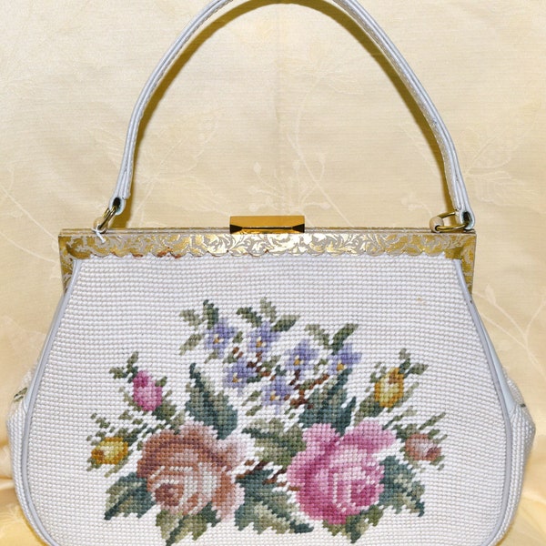 Vintage 1960’s Needlepoint Handbag Beige with Floral Design, Vintage Purse, Vintage Handbag, Vintage Accessory, Needlepoint Purse