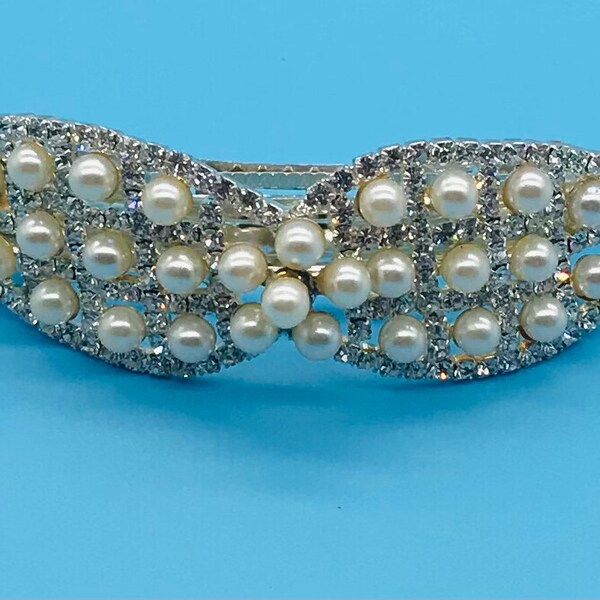 Bow Style Costume Pearls and Rhinestones Hair Clip, Bridal Hair Comb, Wedding Hair Clip