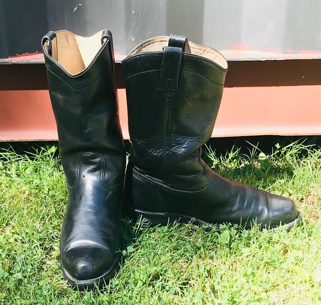 Vintage Mens Black Leather Biker Boots Size 8 1/2, Biker Boots, Vintage