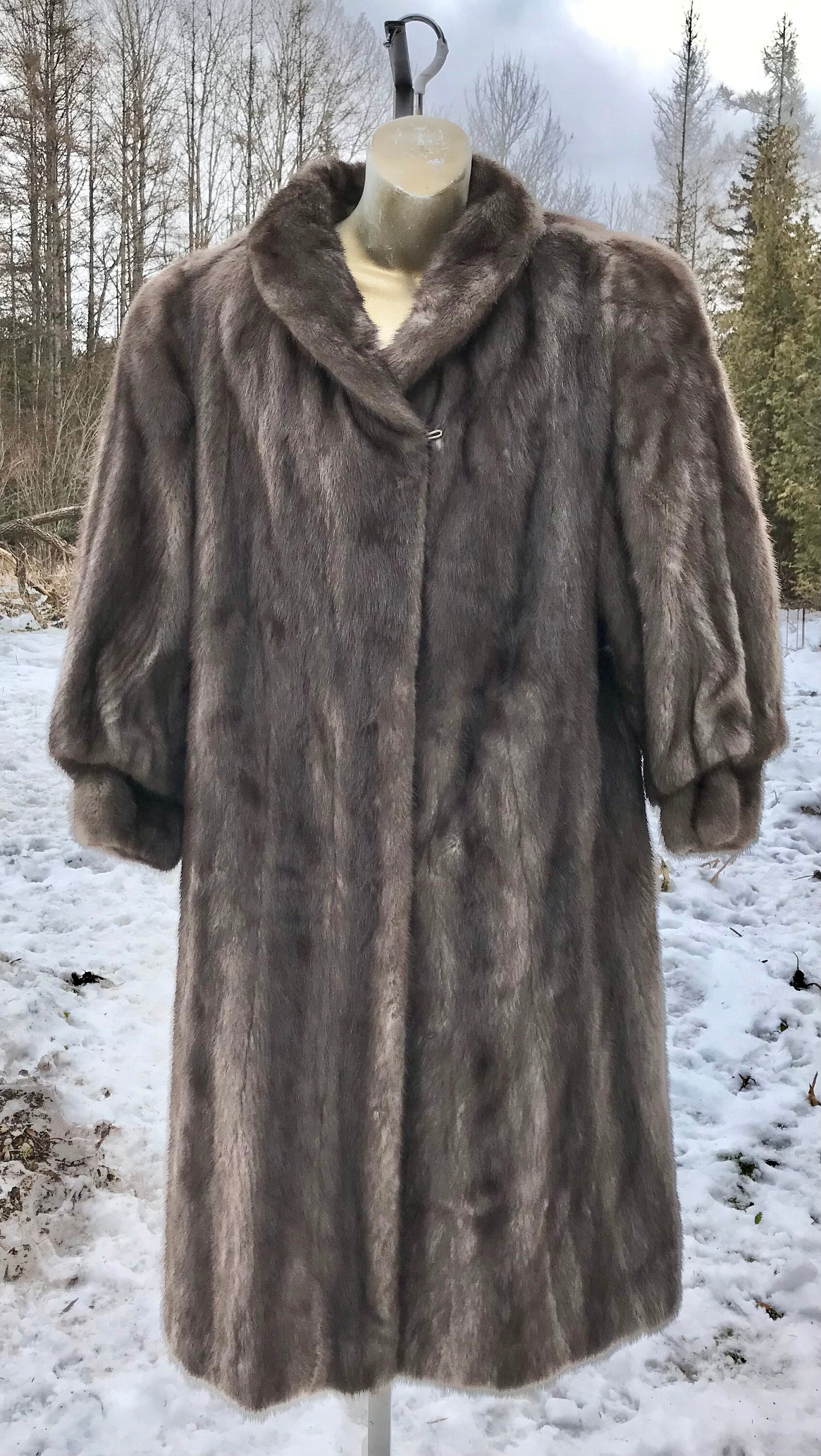 Blue Iris Mink Jacket with Detachable Hood and Silver Fox Trim