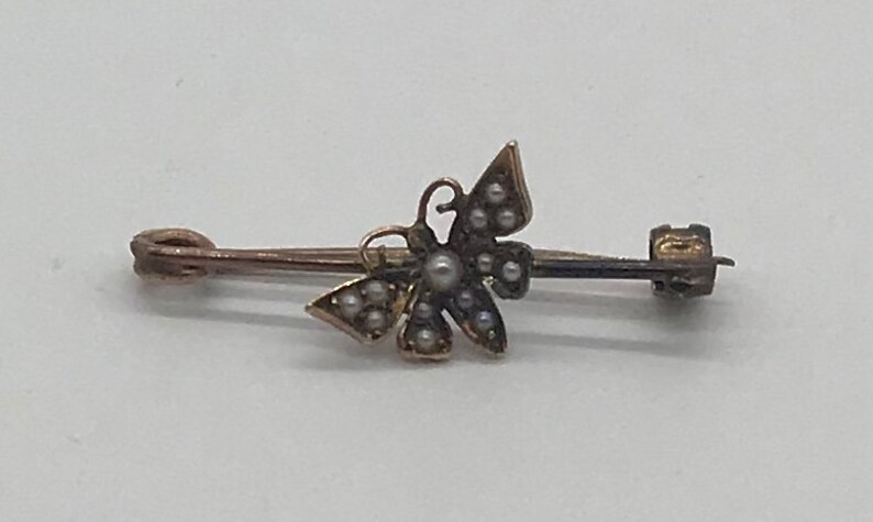 Antique Petite Butterfly 10k Gold Brooch Pin with Seed Pearls