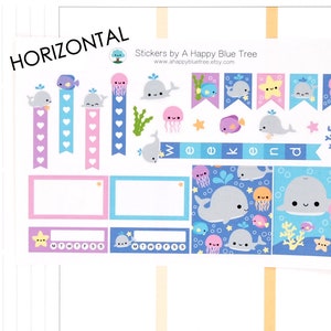 Happy Whale & Friends Sticker Sheet HORIZONTAL Erin Condren Life Planner ECLP Mambi Kawaii Cute Weekly Kit Half Box Fish Ocean Jellyfish