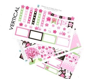 Happy Cherry Blossom Sticker Set 3 VERTICAL Erin Condren Life Planner ECLP Mambi Kawaii Cute Funny Weekly Kit May April Sakura Flower Spring