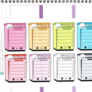 May include: Eight colorful refrigerator-shaped stickers with a cute cartoon face and the word "Chores" on each. The stickers are designed for use in a planner or journal.