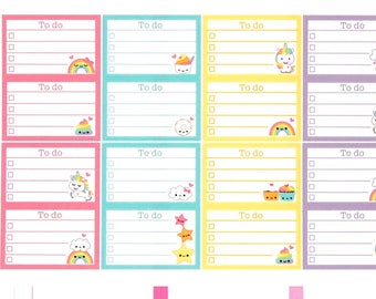 Peut inclure: Un ensemble de 12 autocollants de liste de choses à faire colorés avec de jolies illustrations de licornes, d'arcs-en-ciel, de nuages et d'étoiles. Les autocollants sont conçus pour être utilisés dans un planificateur ou un journal.