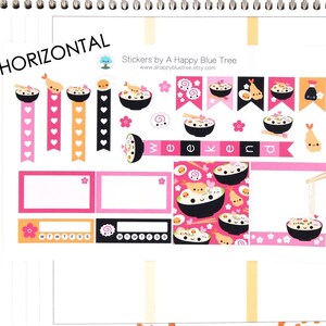 May include: A set of stickers featuring a ramen noodle theme. The stickers are in a horizontal layout and include various designs such as bowls of ramen, chopsticks, hearts, and flags. The stickers are on a white background with a light pink and black border.