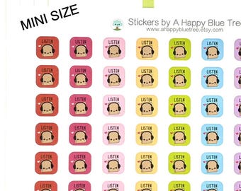 MINI Happy Listen Audio Book SQUARE Tracker Reminder Stickers Erin Condren Life Planner Mambi  Personal A5 Kawaii Cute Funny Podcast Music
