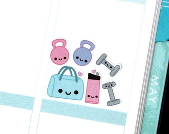 Happy Gym Bag Weights Tracker Reminder Cute Kawaii Planner Stickers Erin Condren Kikkik Personal Workout Exercise Kettlebells Water Bottle