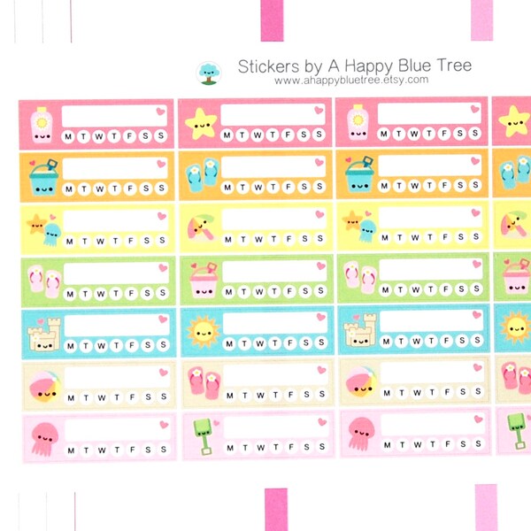 Happy BEACH Weekly Habits Labels Stickers Vertical Horizontal Erin Condren Life Planner ECLP Mambi Create 365 Cute July August Sand Castle