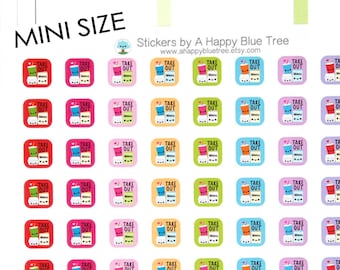 May include: Sheet of mini-sized planner stickers featuring colorful square designs with a takeout theme. Each sticker shows a cup and bag with the words "TAKE OUT". The stickers are in various colors, including red, pink, green, and brown.