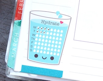 Happy Water Glass Weekly Hydrate Tracker Reminder Stickers Erin Condren Life Planner Mambi Horizontal Vertical ECLP Kawaii Cute Funny Agua