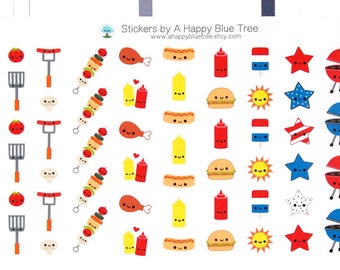 Happy Patriotic Red White Blue BBQ Stickers Erin Condren Life Planner ECLP Mambi Personal A5 Plum Kikkik Kawaii Cute Funny 4th July